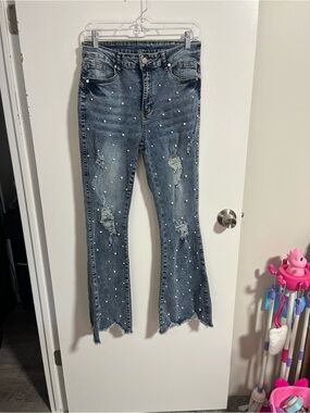 Amazon Women’s Pearl-Embellished Distressed Boot Cut Jeans - Dark Blue